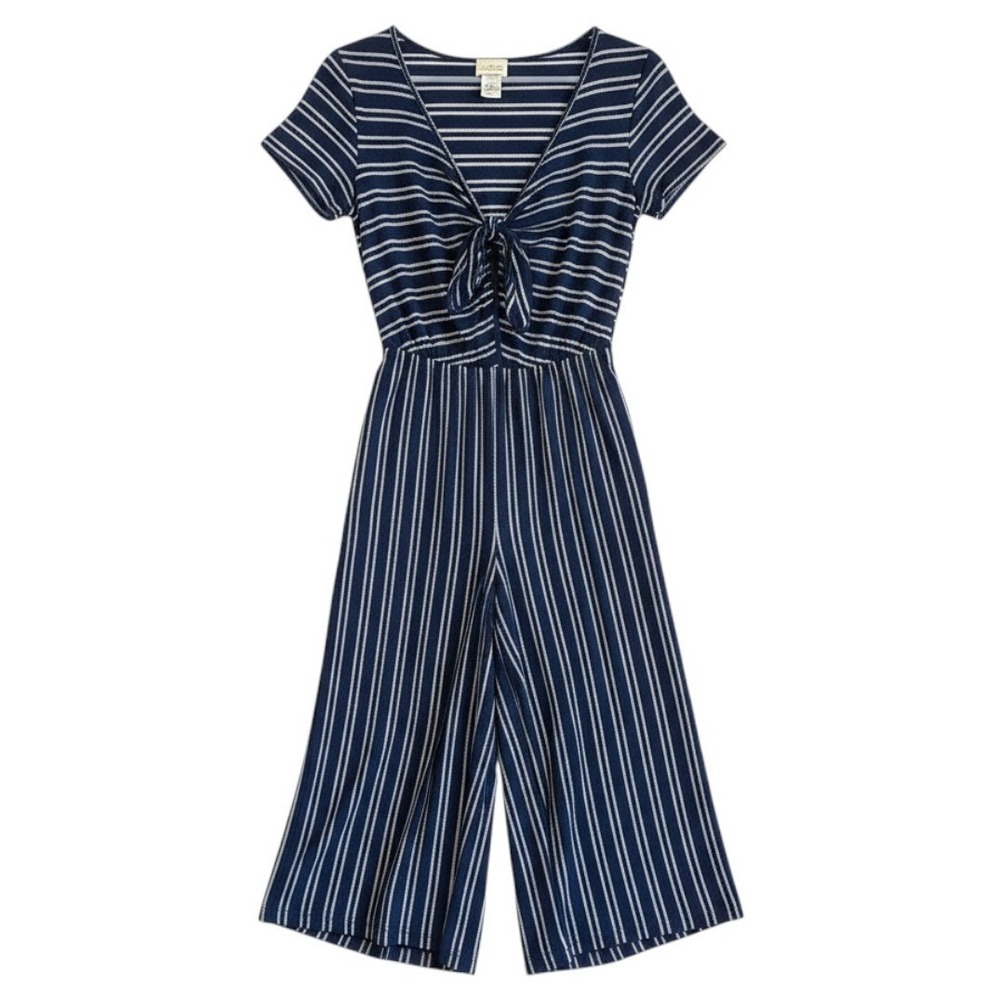 Caution to the Wind Jumpsuit Navy Blue Striped Front Tie Wide Leg Small Women